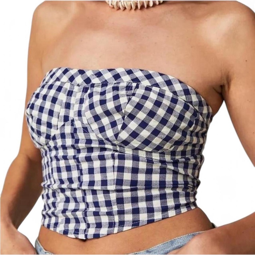 Free People Gingham Trendy Leilani Tube Top in Blue and White